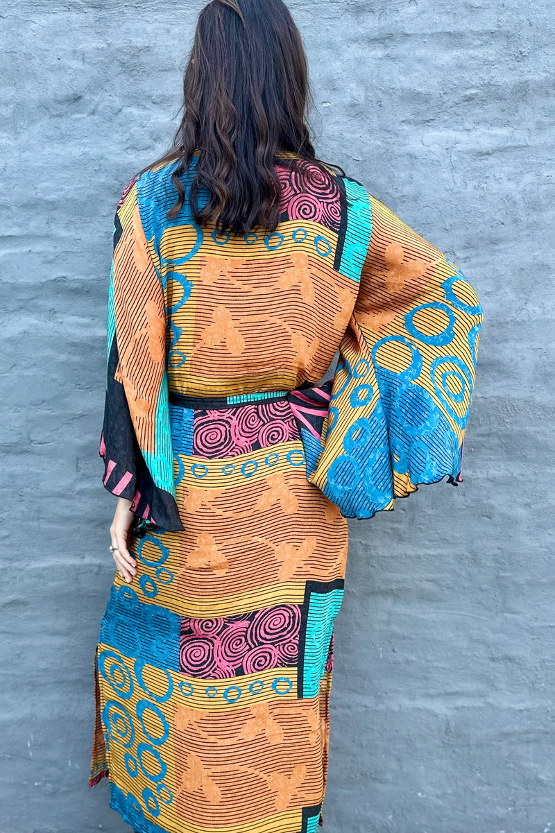 Upcycled Silk Sari Kimono In Orange & Turquoise Stripe