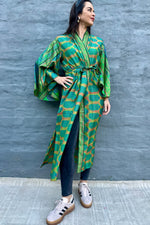 Upcycled Silk Sari Kimono In Blue & Green Paisley