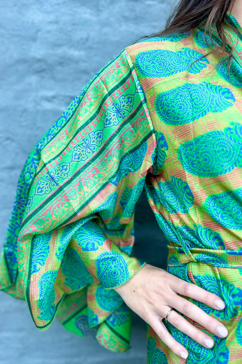 Upcycled Silk Sari Kimono In Blue & Green Paisley