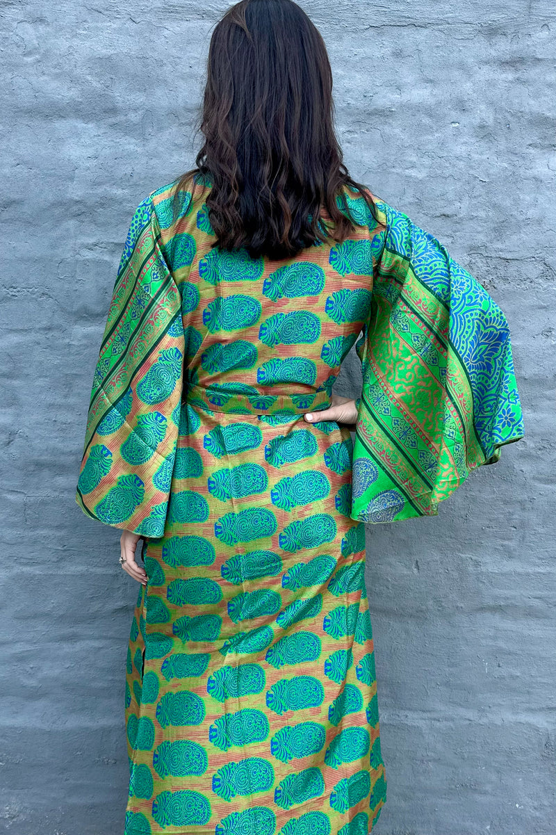 Upcycled Silk Sari Kimono In Blue & Green Paisley