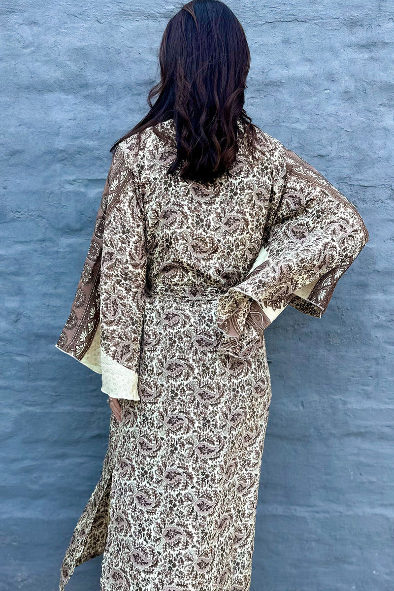 Upcycled Silk Sari Kimono In Browns & Beige