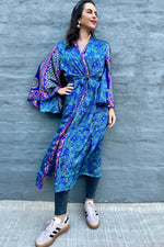 Upcycled Silk Sari Kimono In Blue & Green Floral