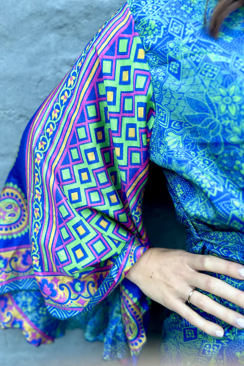 Upcycled Silk Sari Kimono In Blue & Green Floral