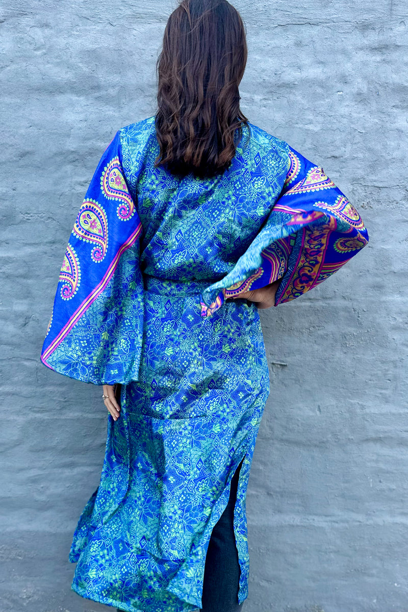 Upcycled Silk Sari Kimono In Blue & Green Floral