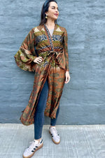 Upcycled Silk Sari Kimono In Chocolate Olive