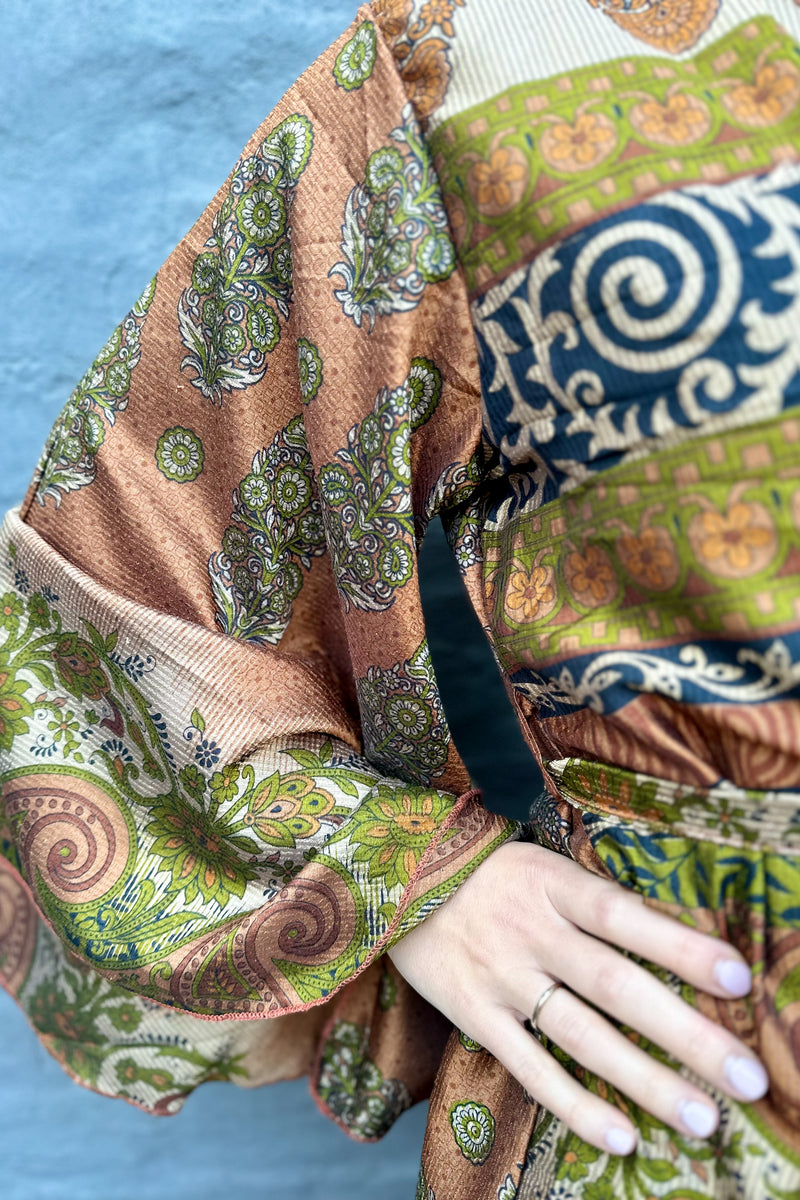 Upcycled Silk Sari Kimono In Chocolate Olive