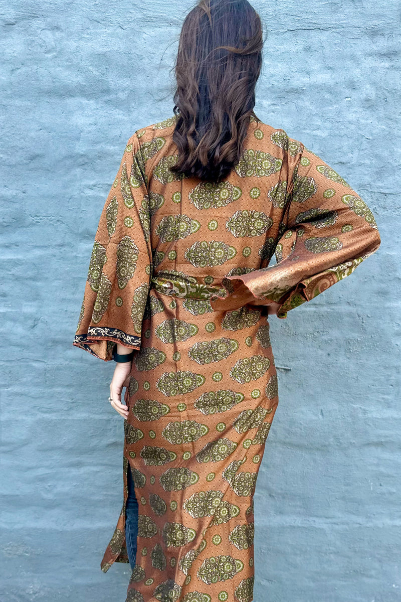 Upcycled Silk Sari Kimono In Chocolate Olive