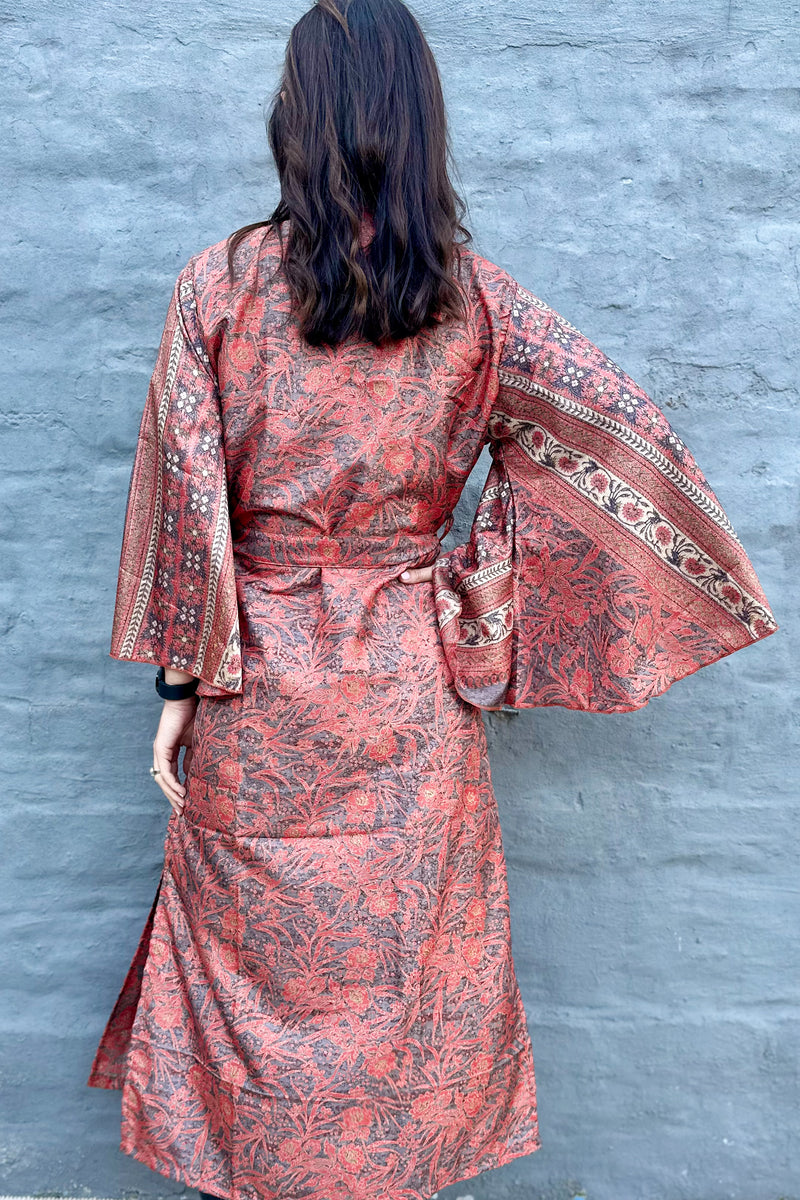 Upcycled Silk Sari Kimono In Silvery Salmon