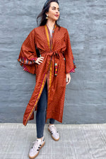 Upcycled Silk Sari Kimono In Maroon & Gold Geometric