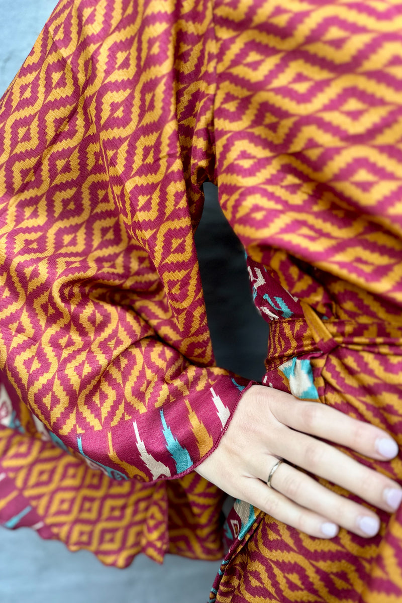 Upcycled Silk Sari Kimono In Maroon & Gold Geometric