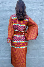 Upcycled Silk Sari Kimono In Maroon & Gold Geometric