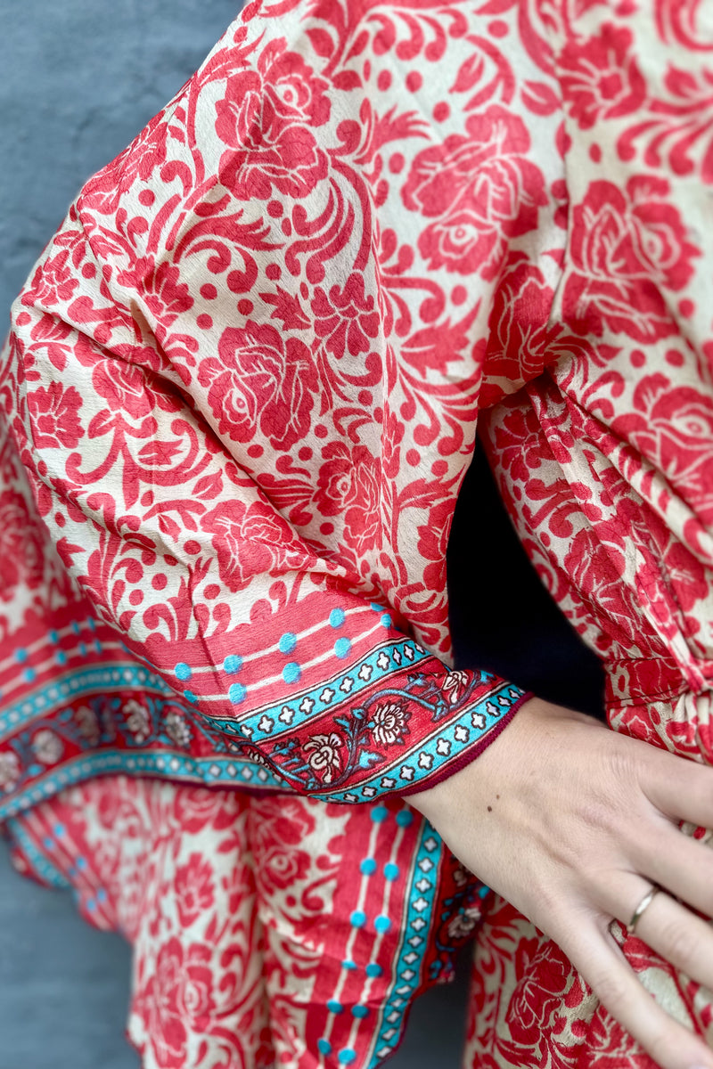 Upcycled Silk Sari Kimono In Orange Floral