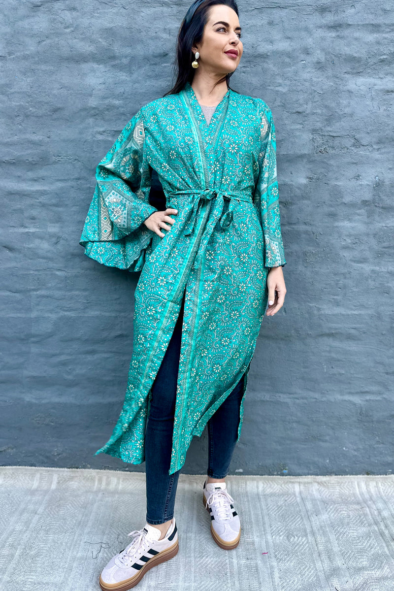 Upcycled Silk Sari Kimono In Teal & Beige Botanical