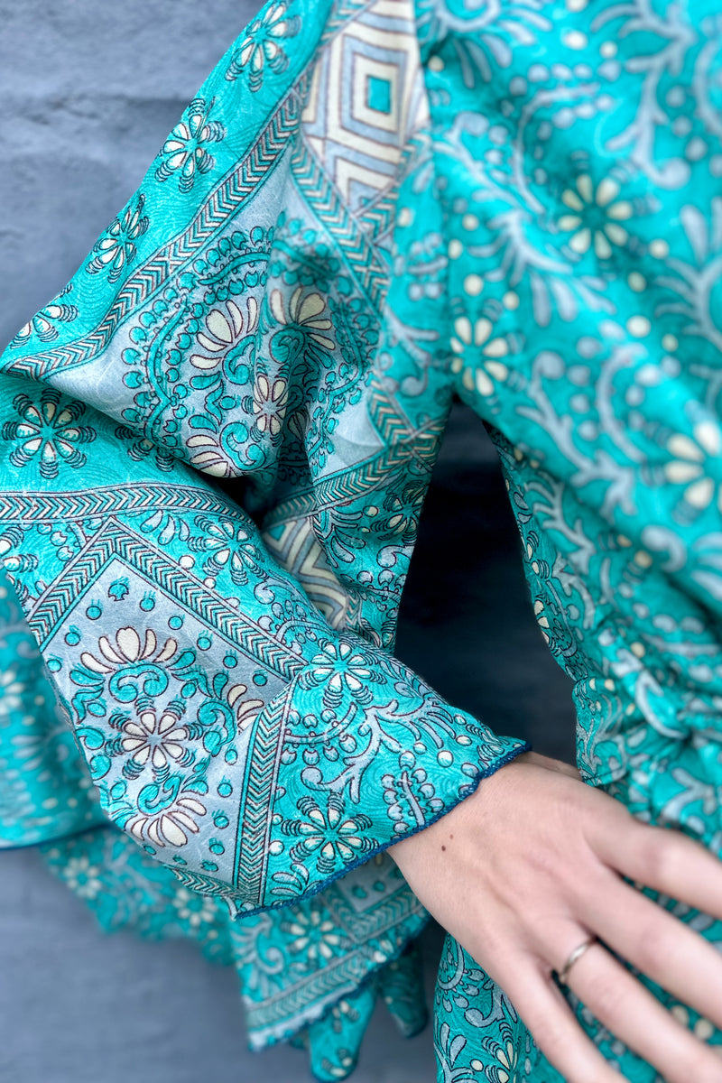 Upcycled Silk Sari Kimono In Teal & Beige Botanical
