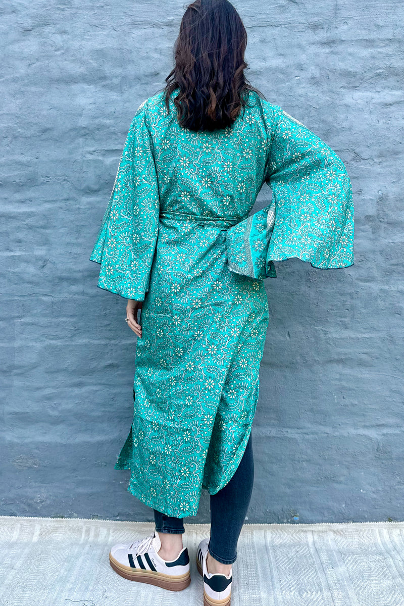 Upcycled Silk Sari Kimono In Teal & Beige Botanical