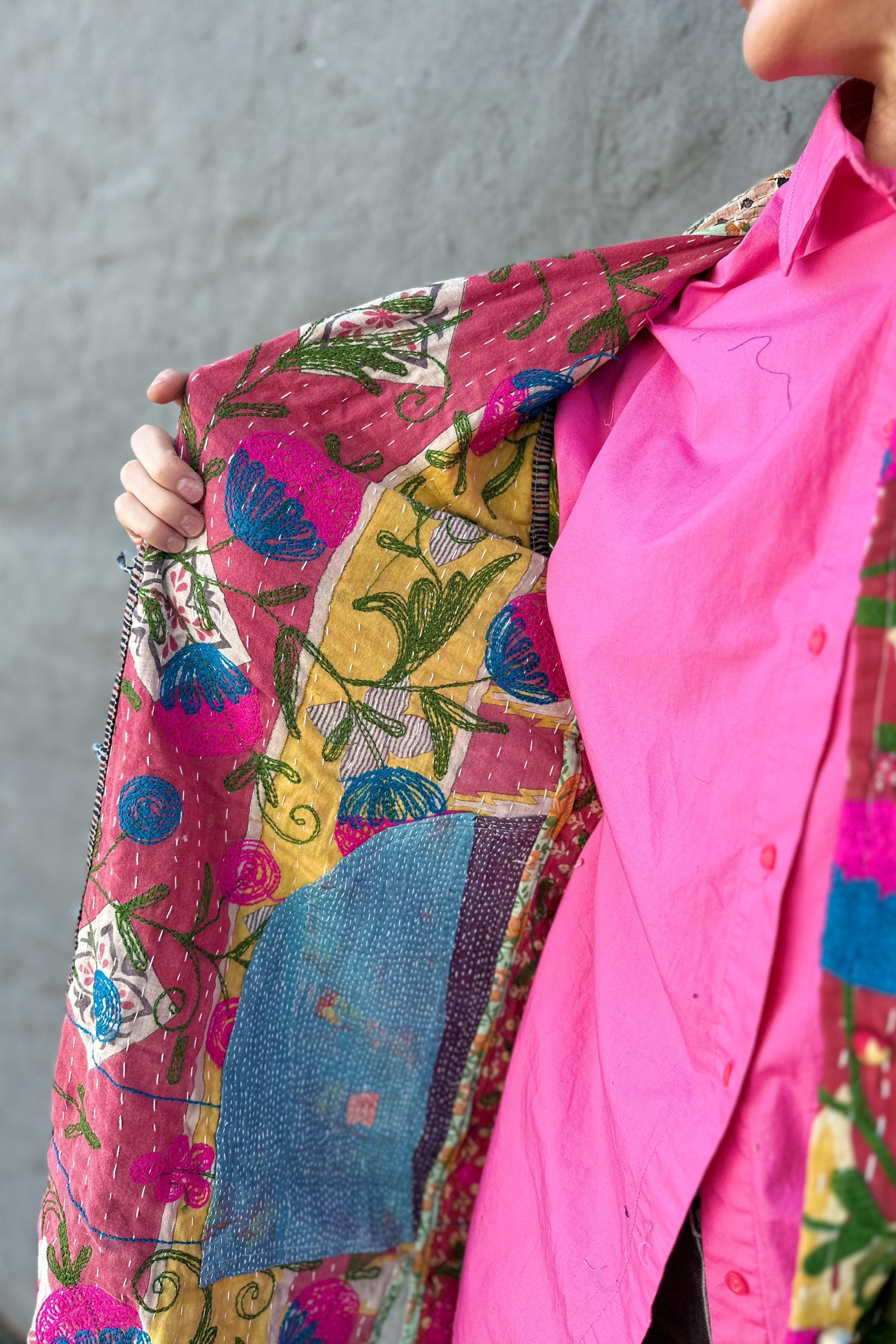 Embroidered Kantha Jacket In Fuchsia & Teal Dandelion – Exotic