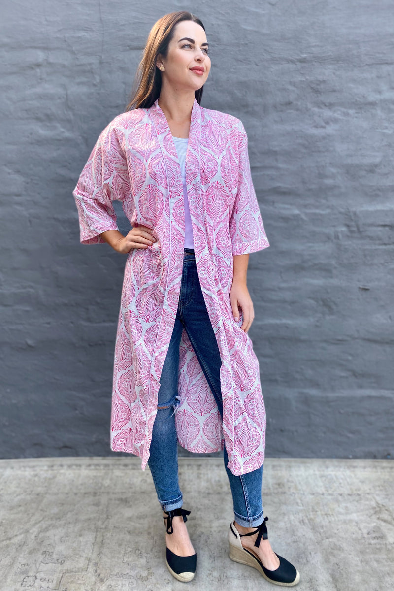 Cotton Kimono In Pink & White Fern