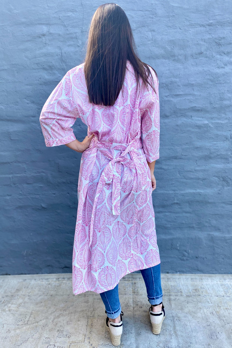 Cotton Kimono In Pink & White Fern