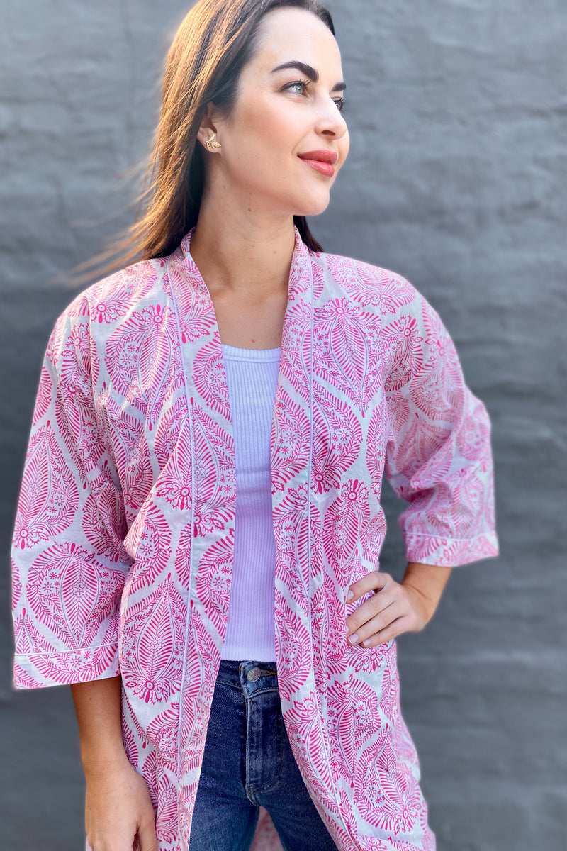 Cotton Kimono In Pink & White Fern