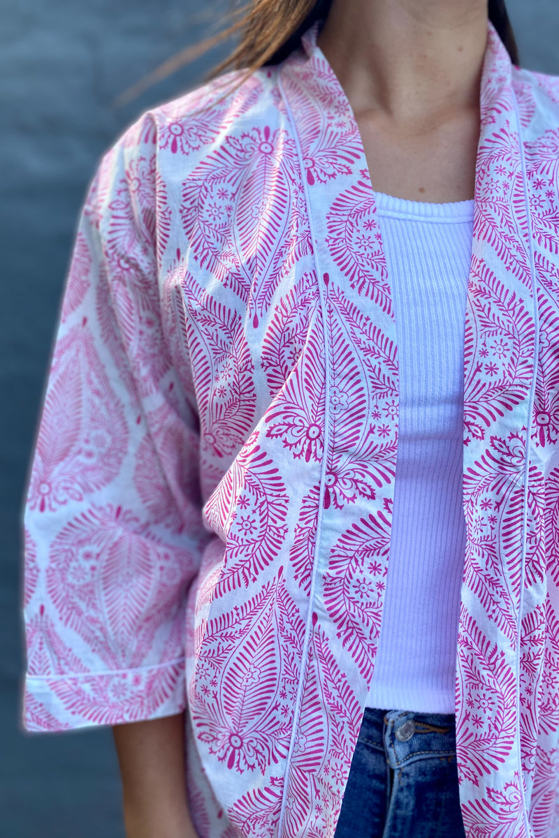 Cotton Kimono In Pink & White Fern