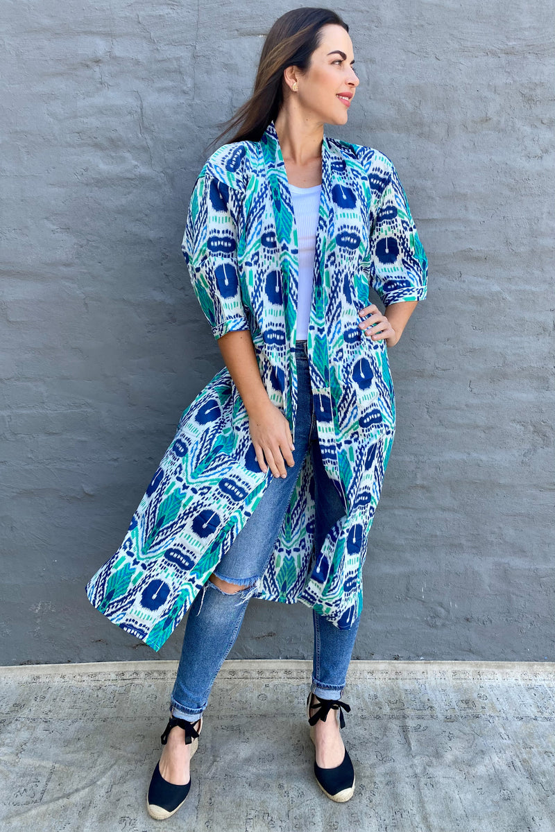 Cotton Kimono In Blue & Green Ikat