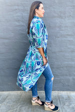 Cotton Kimono In Blue & Green Ikat