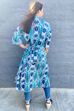 Cotton Kimono In Blue & Green Ikat