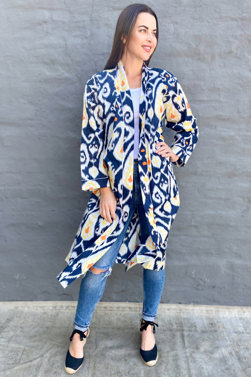 Cotton Kimono In Navy & Yellow Ikat