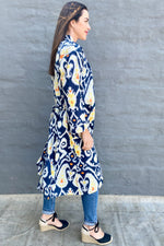 Cotton Kimono In Navy & Yellow Ikat