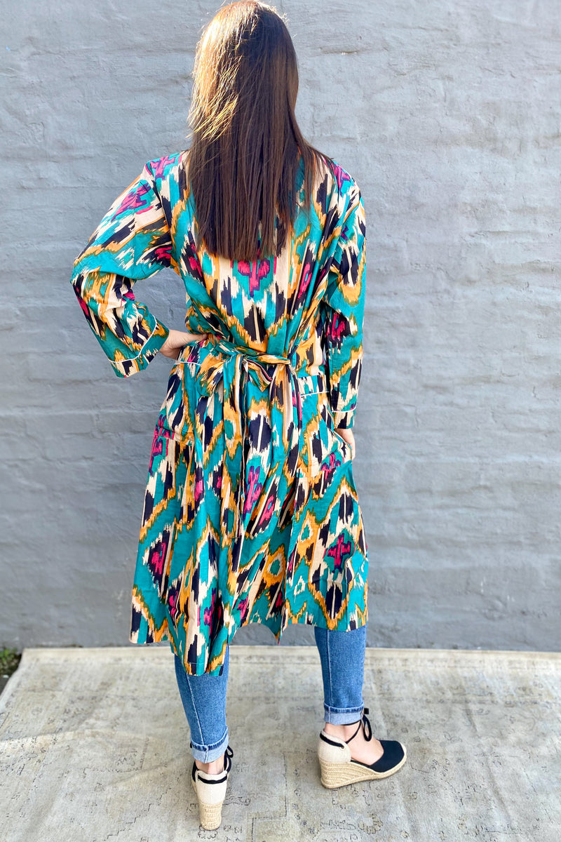 Cotton Kimono In Turquoise Ikat