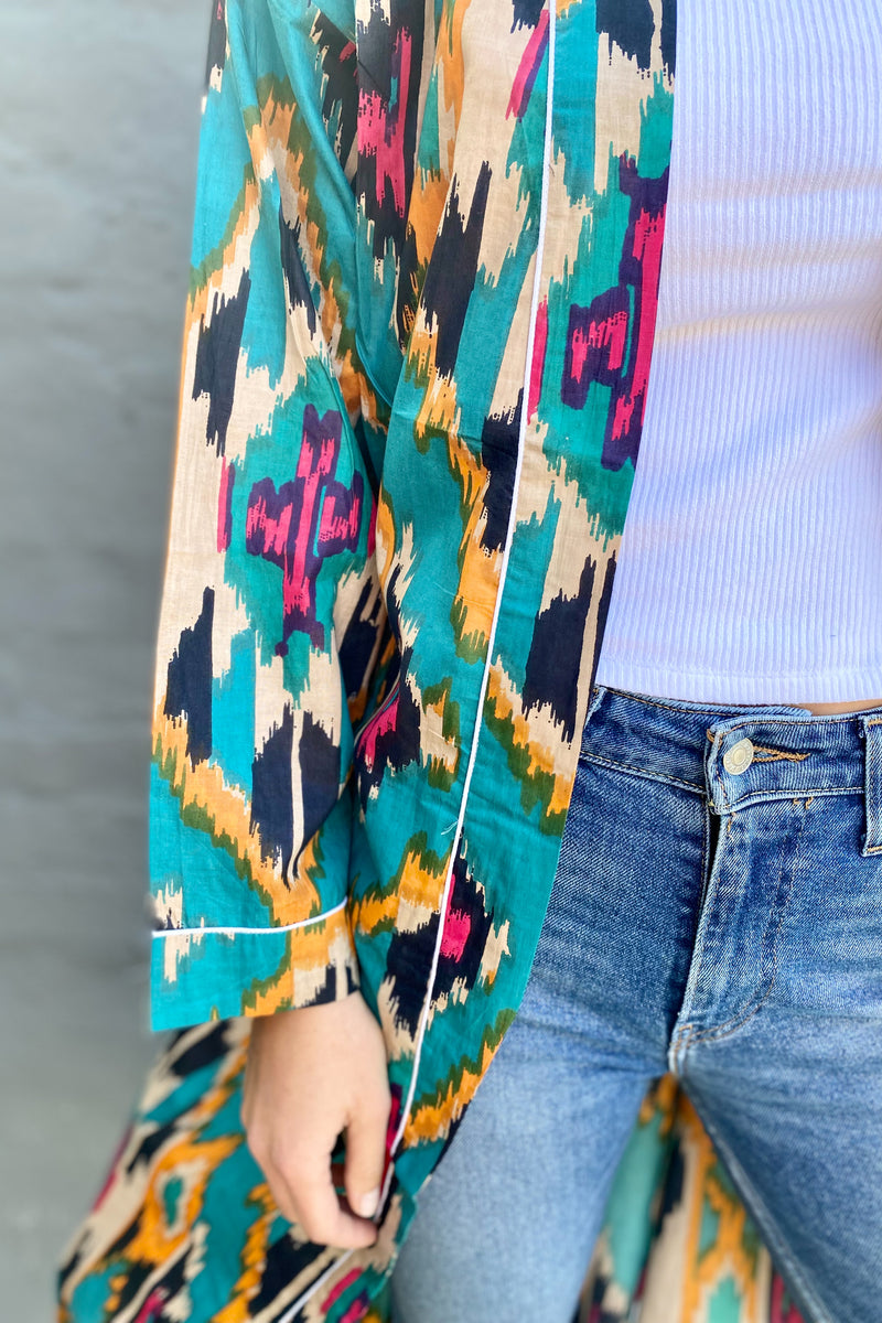 Cotton Kimono In Turquoise Ikat