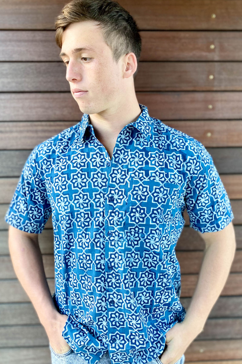 Men's Indigo Block Print Short Sleeve Shirt