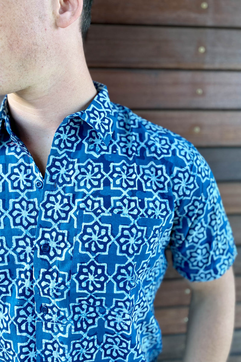 Men's Indigo Block Print Short Sleeve Shirt