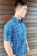 Men's Indigo Block Print Short Sleeve Shirt