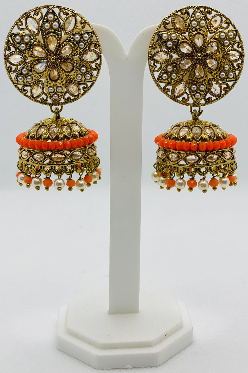 Jhumka Earrings In Gold & Tangerine