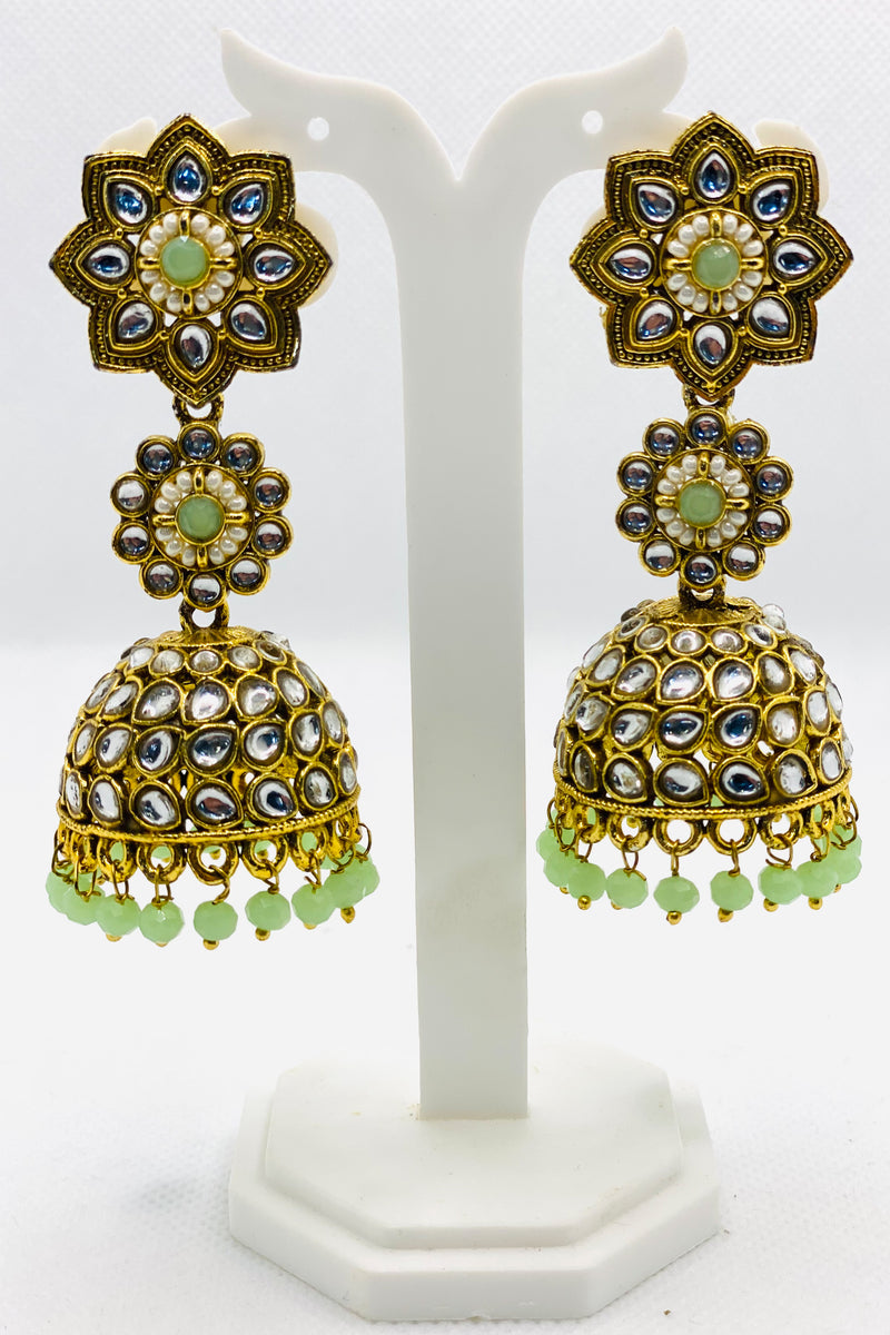 Jhumka Earrings In Gold & Mint