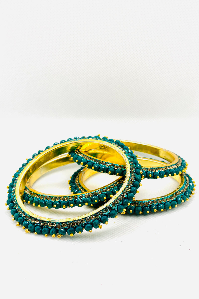 Golden Beaded Bangle In Teal